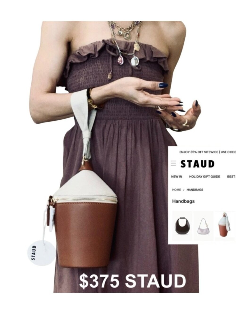 NWT Staud Minnow Contrast Khaki Linen Leather Bag MSRP $375
